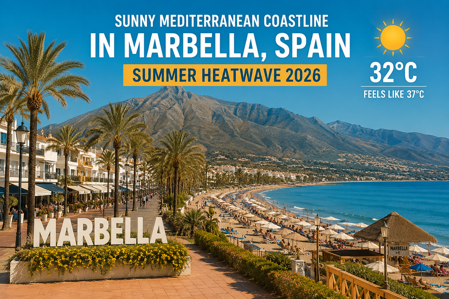 sunny mediterranean coastline in marbella spain during summer heatwave 2026