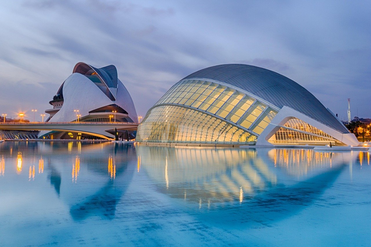 valencia, spain, calatrava, sunset, city of arts, city of sciences, nature, architecture, modernity